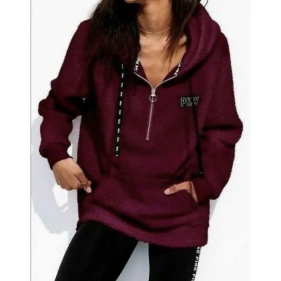 PINK Victorias Secret Sherpa Hoodie Half Zip Plum - Picture 5 of 5